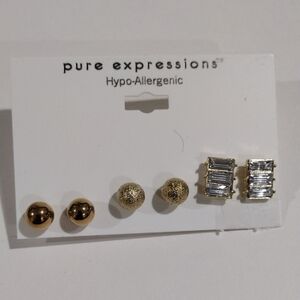 Expressions Set of 3 Gold tone Crystal Hypo-Allergenic Women's Stud Earrings